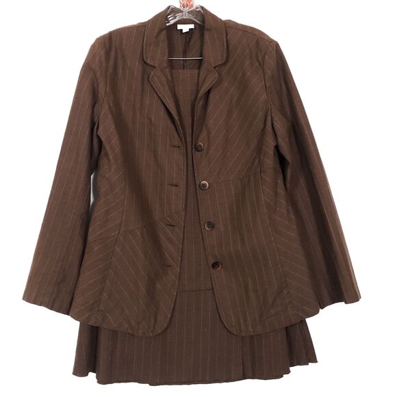 J Jill Pin Striped Skirt/12 Jacket/10 Suit Set Linen Blend Havana Brown Workwear - Picture 1 of 16